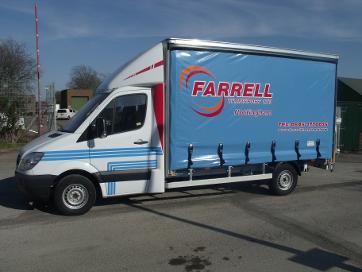 Aluminium curtain side body complete with 500 k column tail lift mounted to Mercedes Sprinter chassis.
